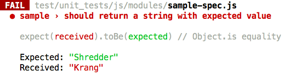 Snippet of console output for a unit test that reads 'sample: should return a string with expected value'