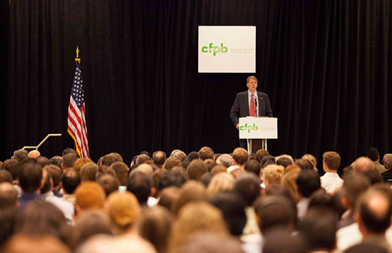 Photo of Director Cordray addressing the Bureau at the 2012 All Hands Meeting in Washington DC