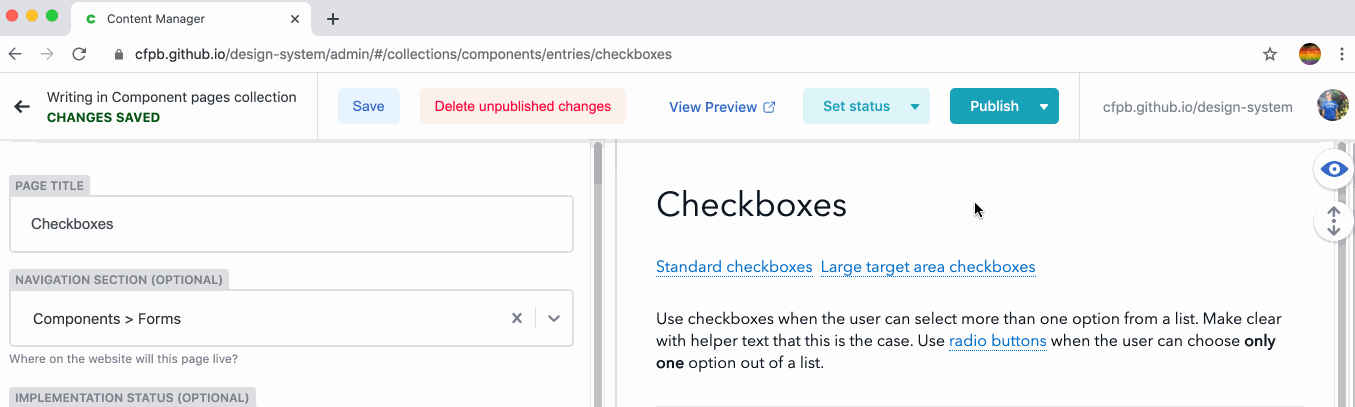 Screenshot showing how to preview Netlify CMS changes