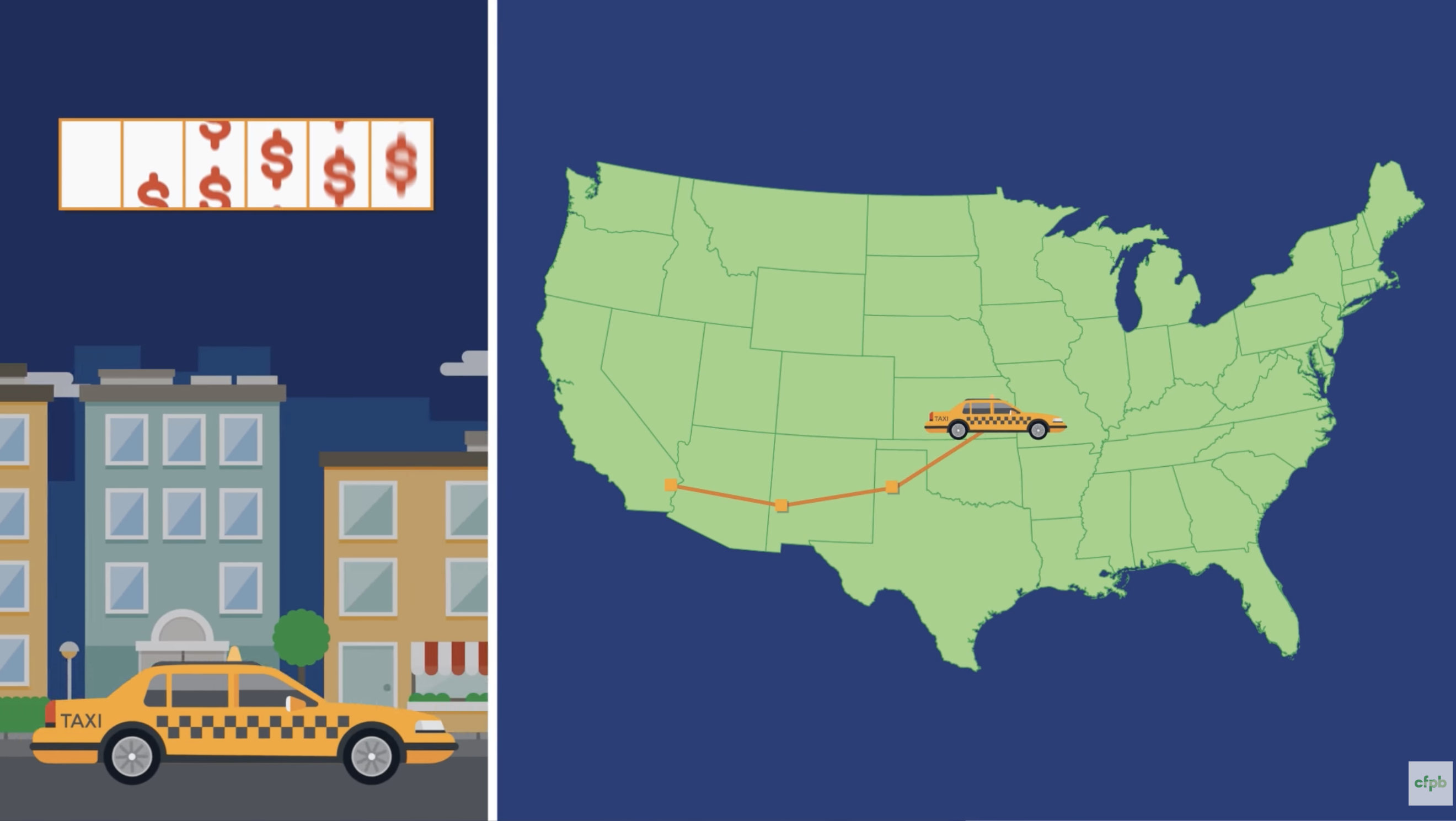 Illustration of a cab driving past buildings on the left side. Illustration of a map of the United States with a car driving across it on the right side.