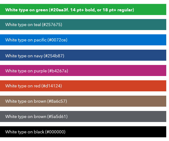Chart showing accessible combinations of white type on brand colors at 100% saturation